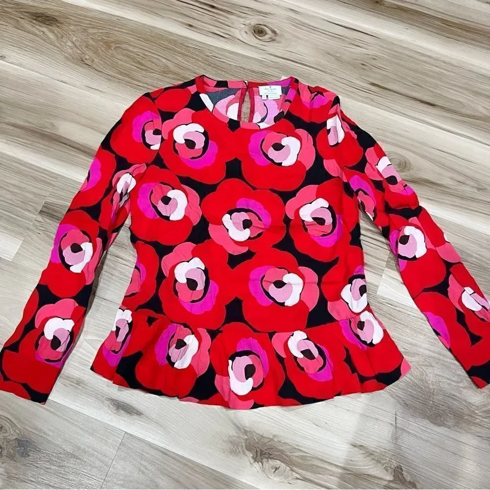 Kate Spade Deco Rose Peplum Top in Orient Red Women’s 2